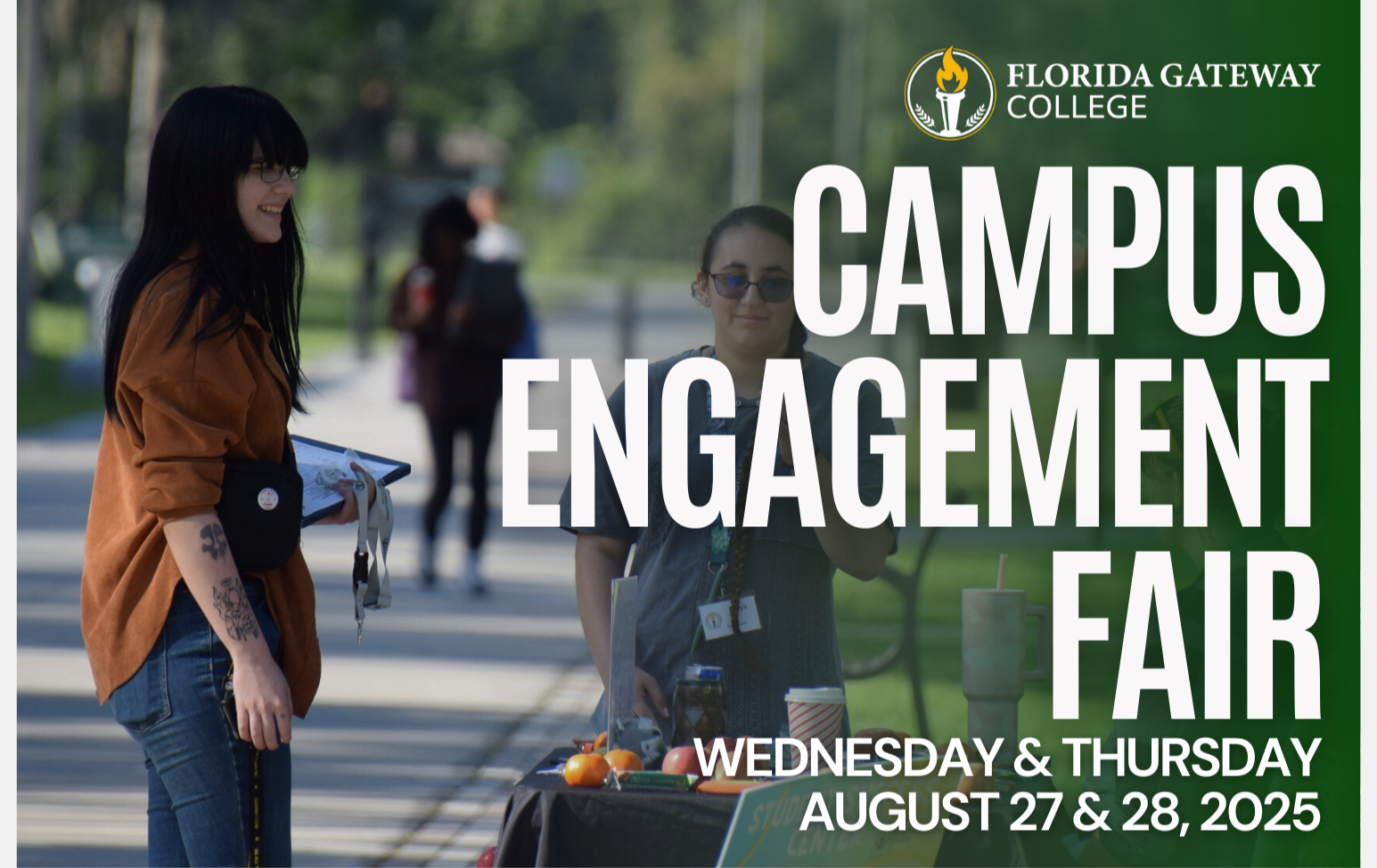 Campus Engagement Fair graphic; students talking on campus