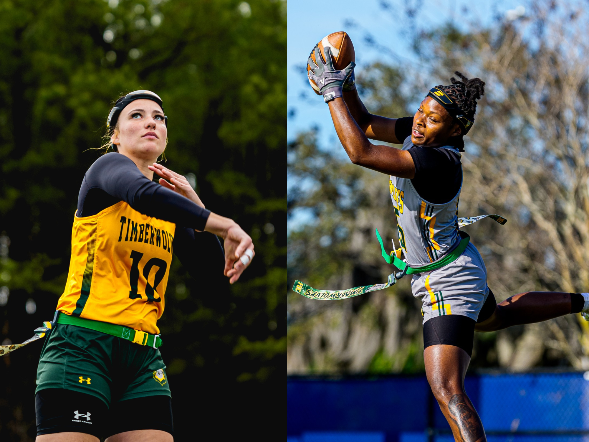 Two Florida Gateway College flag football players in action, one throwing a pass and the other jumping to catch the ball during a game.