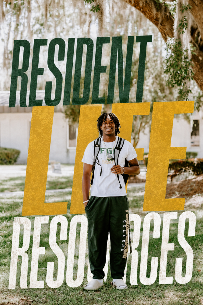 Resident Assistant student graphic smiling in front of dorms
