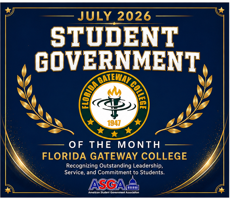 Graphic recognizing the Florida Gateway College Student Government of the Month for July 2026, honoring outstanding leadership, service, and commitment to students.